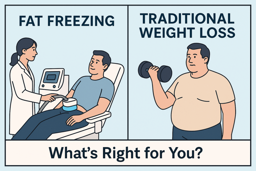 VIVO Clinic Fat freezing treatment vs traditional weight loss, man receiving non-invasive therapy, comparison of fat reduction methods in Dubai.