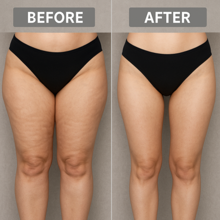 Before and after results of fat freezing treatment on thighs
