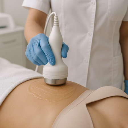 Ultrasound cavitation treatment on abdomen by doctor in clinic.