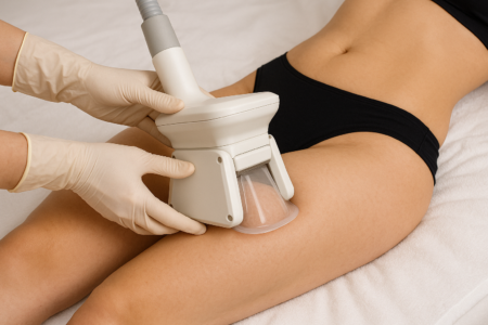 Fat freezing treatment being performed on a woman's thigh