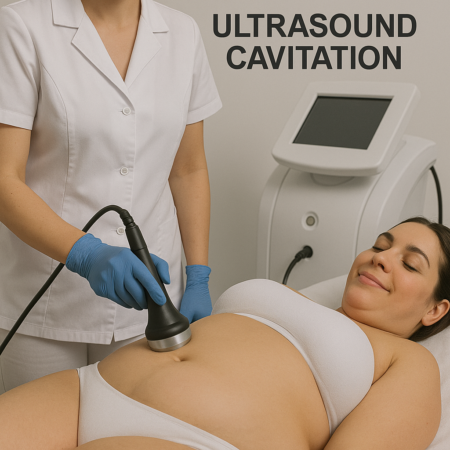 Ultrasound cavitation treatment in Dubai being performed on a woman with a slightly fuller abdomen in a clinical setting.