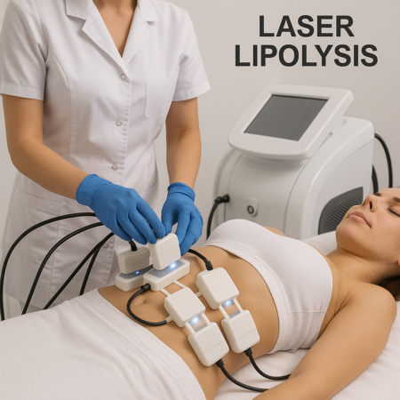 Laser lipolysis treatment on a woman’s abdomen in Dubai.