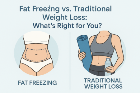 Fat freezing vs traditional weight loss comparison – non-surgical fat freezing on one side, exercise and diet for weight loss on the other.