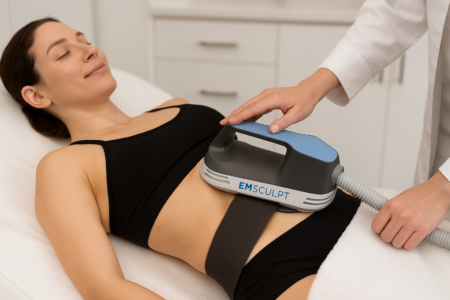 Close-up of Emsculpt applicator being placed on a client's abdomen in a luxury Dubai aesthetic clinic emsculpt dubai