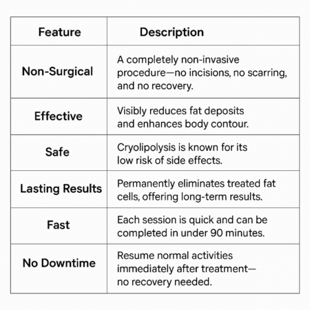 Table showing key features of cryolipolysis fat reduction treatment