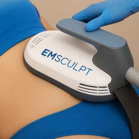 Female client undergoing Emsculpt treatment in a modern Dubai wellness center emsculpt before and after