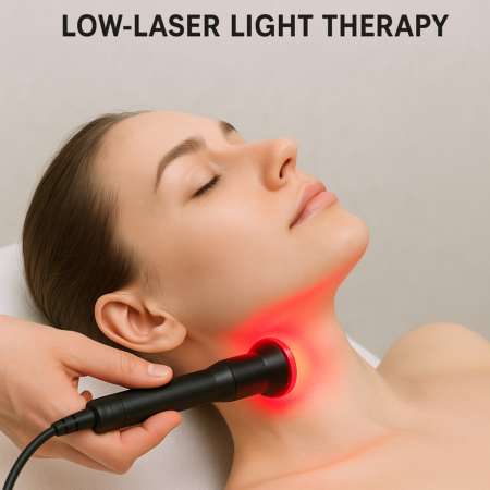A patient receiving low-level laser therapy, as a focused beam of light is directed at the treatment site. green light laser therapy