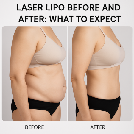 Woman showing laser lipo before and after on abdomen and arms lipo laser treatment before and after