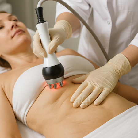 A professional radiofrequency (RF) skin tightening treatment being performed on a woman’s abdomen A professional radiofrequency (RF) skin tightening treatment being performed on a woman’s abdomen