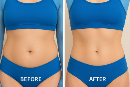 Side-by-side Emsculpt before and after images of a client's abdomen, demonstrating significant improvement in muscle definition emsculpt dubai