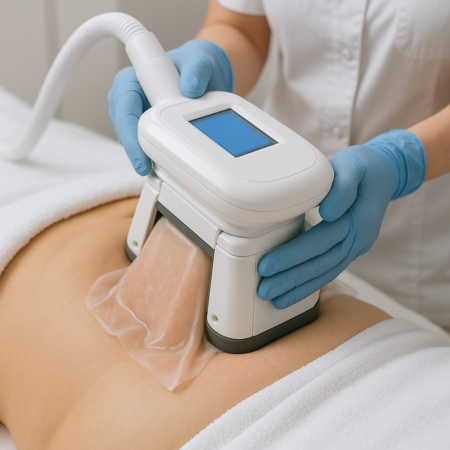 4 Fat freezing treatment being applied to a woman's abdomen using a cryolipolysis device